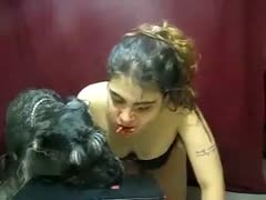 Bizarre zoo fetish movie scene features a breathtaking non-professional web camera model sharing food with her pet